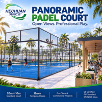 Terrain de padel panoramique certifié CE Hechuan, conforme à la norme FIP, en gazon artificiel enduit de poudre, avec 18 panneaux de verre et 8 projecteurs LED.