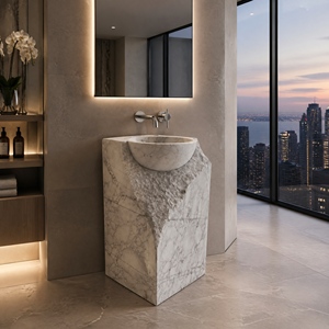 Poulars - Lavabo de Pedestal de Piedra Natural de Lujo, Fabricado a Mano, Lavabo de Mármol Arabescato Corchia - Product Image 6
