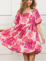Robe d'été décontractée bohème pour femme, rose à motifs floraux, col carré, manches bouffantes, mini-robe légère et fluide, coupe trapèze