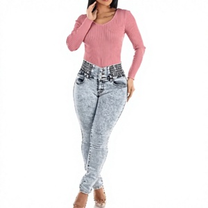 Jeans de Mezclilla Lavados a la Piedra de Cintura Alta y Corte Regular TRIBON SPORTS para Mujer, Estilo Casual de Longitud Completa con Bolsillos Decorativos, Color Azul Claro - Product Image 1
