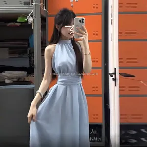 Factory Customized French Blue Hanging Neck Strap Dress 2024 New Beach Vacation Waist Slimming Beach Long Dress
