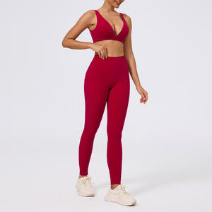 PASUXI Dikişsiz Nervürlü Nefes Alabilen 2 Parça Spor Seti Kadın Naylon Spandeks Önü Derin V Kesim Toparlayıcı Popo Yoga Sütyeni Şort Spor Giyim - Product Image 2