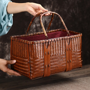Bamboo Woven <b>Handbag</b> Women's <b>Small</b> Bag Retro Style Velvet Lining Durable Commuter Bag - Product Image 1