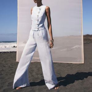 Venta al por mayor OEM: Conjunto de lino sin mangas para mujer, chaleco y pantalón, conjunto de 2 piezas de lino de verano para mujer, pantalón de cintura alta y pierna ancha. - Product Image 1