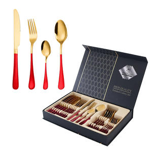 High Quality Polished <b>Cutlery</b> <b>Set</b> 24 Piece Stainless Steel Knife Fork Spoon Gift Box Durable Red Handle - Product Image 1