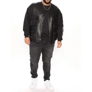 Fashion Custom Logo Black Sleeveless Mens Casual Jacket Oversized Plain Leather Vest