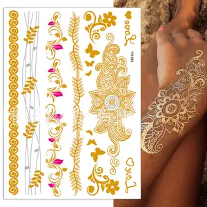 Stiker tato Henna emas untuk wanita, stiker tato sementara metalik tahan air berkilau