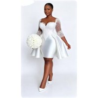 Robes de mariée personnalisées pour femmes grandes tailles, en satin sud-africain, dentelle perlée, manches 3/4, col transparent, robes de mariée courtes