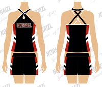 Ensemble de survêtement personnalisé par sublimation (débardeur et short), sac à pompons de cheerleading, pantoufles, logo d'équipe color-block, tenues d'échauffement pour cheerleading