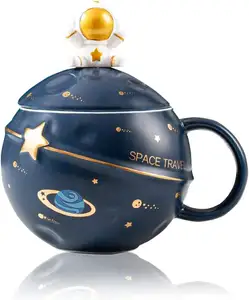 Tasse d'astronaute mignon tasse à thé en céramique nouveauté anniversaire de noël avec couvercle et cuillère pour garçons filles femmes hommes