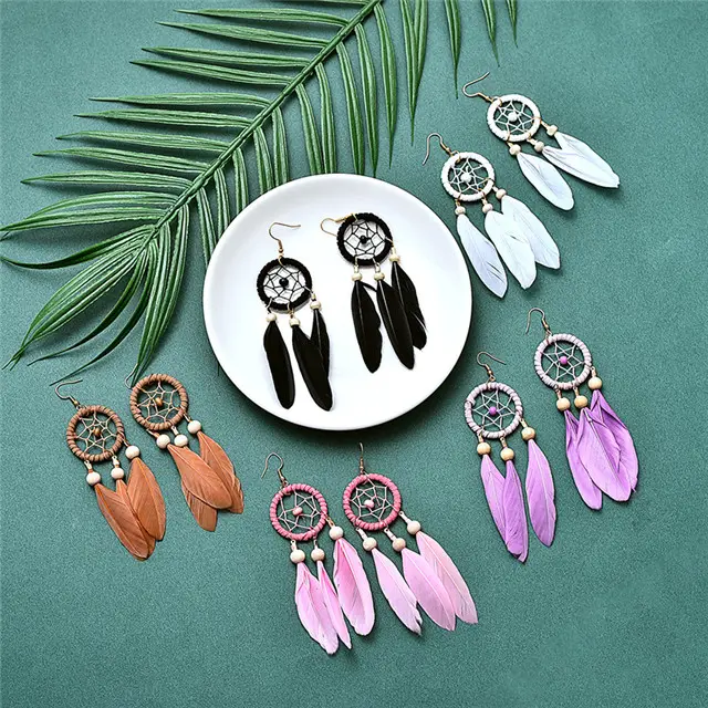 Creatieve Bohemen Stijl Roze Blauw Lange Veer Houten Kralen Kwastje Dream Catcher Oorbellen