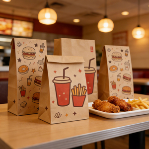 Sacs en papier kraft <span class=keywords><strong>de</strong></span> luxe sur mesure pour la restauration rapide à emporter, avec fond carré, couleurs personnalisées, laminage, caractéristiques haut <span class=keywords><strong>de</strong></span> gamme - Product Image 1