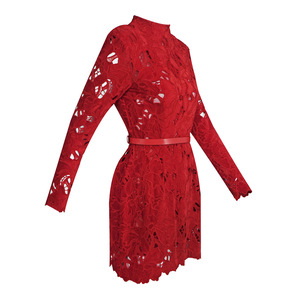 A11275 Abito Mini in <span class=keywords><strong>Velluto</strong></span> <span class=keywords><strong>Rosso</strong></span> con Pizzo per Donna: <span class=keywords><strong>Vestito</strong></span> da Festa a Maniche Lunghe con Collo Alto e Cintura - Elegante Abbigliamento da Cocktail/Sera Formale - Product Image 3