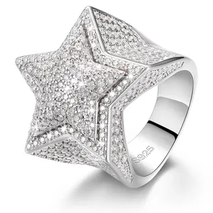 Hiphop男女精品珠宝冰出镀金925纯银VVS硅石钻石星戒指，带GRA证书