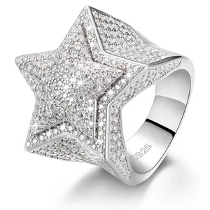 Hiphop-Anillo de plata de primera ley con forma de estrella para hombre y mujer, sortija, plata esterlina 925, diamante, moissanita, chapado en oro, con certificado GRA