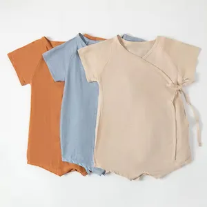 Summer Baby Plain Linen Romper Newborn Infant Toddler Boys Girls Clothes Short Sleeve Lace Up Bodysuit