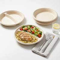 Barquettes alimentaires jetables en pulpe de bagasse de canne à sucre biodégradable, rondes, à 2 compartiments, pour plats à emporter