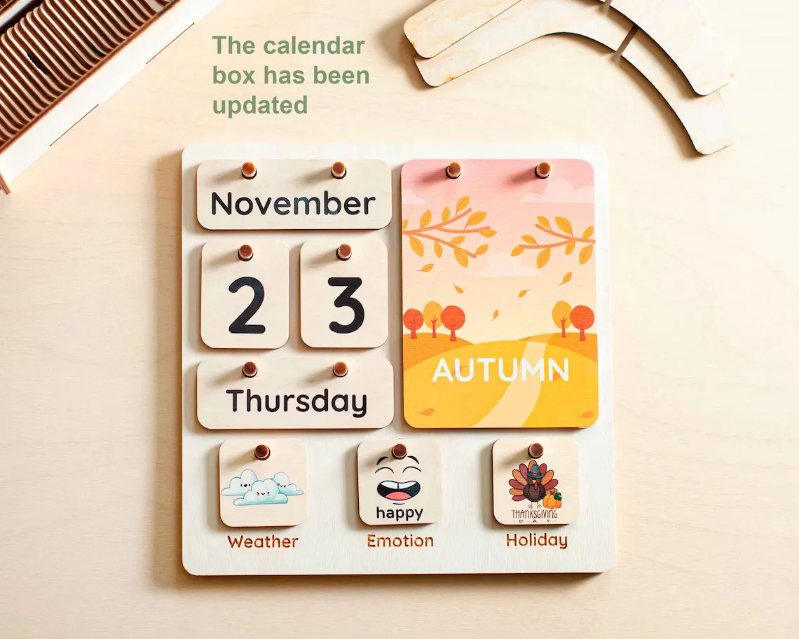 Calendario Montessori para niños, horario circular, horario de la mañana, actividades para la escuela en casa, calendario de madera, decoración de aula, calendario perpetuo