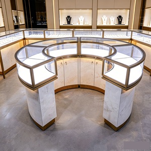 Vitrine de présentation de bijoux en verre avec éclairage LED, comptoir de bijouterie en métal rond, vitrine de luxe pour bijoux à vendre - Product Image 1