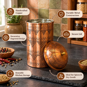 Handcrafted Engraved Copper Storage <b>Canister</b> with Lid, Decorative Kitchen Container for Spices, <b>Tea</b>, <b>Coffee</b> & Dry Goods - Product Image 5