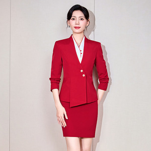 Women's Red Suit Set V Neck Three Quarter Sleeve Office Lady Work Wear Short Skirt Spring Season - Product Image 1