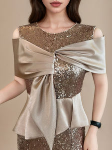 فستان سهرة فاخر مزين بالترتر الذهبي، تصميم أنيق بعقدة فيونكة، فستان حفلات بكتف مكشوف، فستان حورية البحر ضيق للحفلات الرسمية 2026 - Product Image 3