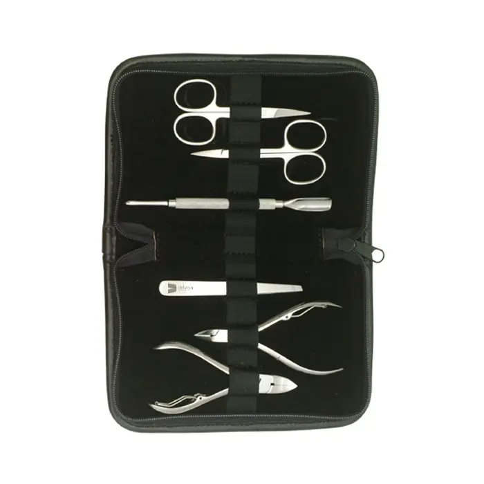 unisex makeup Tools instruments in manicure Set With Nail Cutter Cuticle pusher Nose Scissor Nail file Black Leather Travel kit