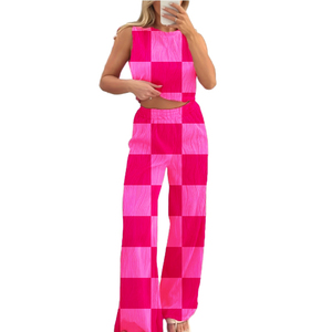 Ensemble deux pièces décontracté pour femme, pantalon droit ample à col rond et motif vague d'eau, couleur unie, en stock, tendance - Product Image 1