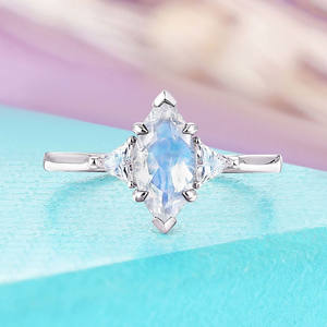 Marquise cincin pertunangan batu bulan Halo, berlian buatan tangan antik 14K emas padat Vintage, cincin janji hadiah Hari jadi wanita - Product Image 1