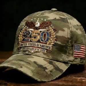 Cappello da Baseball da Uomo a 6 Pannelli in Cotone Lavato 100% con Stampa Commemorativa Aquila 250° Anniversario 1776-2026 - Edizione Transfrontaliera - Product Image 1