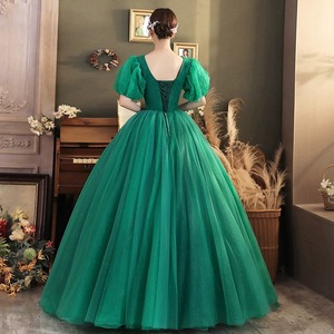 V-neck Chiffon Ball Gown Empire Waistline Vintage Evening Dress For Women Dark Green And Red Long Puffy Skirt Performance Wear - Product Image 4
