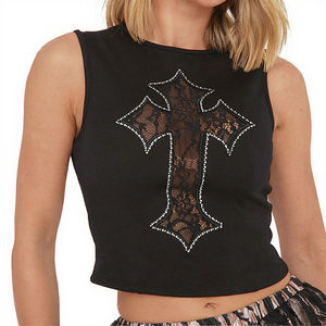 Custom Peeqi 180g Floral Crop <b>Top</b> Women Lace Patchwork Embroidery Rhinestone Tank <b>Top</b> Summer Sexy Hollow Out <b>Sleeveless</b> <b>Top</b> - Product Image 2