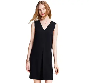 Womens Casual V cổ không tay rắn một dòng Cocktail Flare Swing Midi Dresses trở lại dây kéo lỏng Mini Ngắn ăn mặc màu rắn