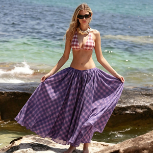 Classic Purple Plaid Breathable Summer Maxi <b>Skirt</b> for Women Elastic Waist A-Line <b>Full</b> Swing Flowy Casual - Product Image 1