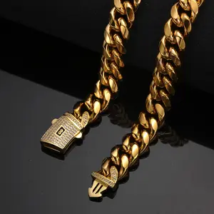 Wholesale 6-14MM Iced Out Cuban Chain Necklace Luxury 14K 18K Gold Plated 316L Stainless Steel Men Cuban Link Chain Jewelry