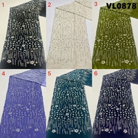 Tissu en dentelle de velours perlé vert olive avec broderie de sequins pour vêtements africains