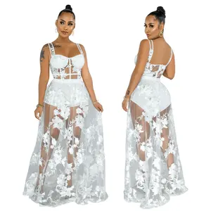 卸売 高級服オンライン-XL韓国上品なファッションブティック服女性のための夏のセクシーな刺Embroideryシースルーツーピースナイトクラブ白い服カジュアル
