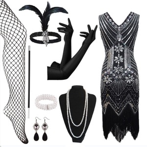 1920s Retro <b>Sequined</b> Fringe Dress V-neck Sheath Evening Gown With Accessories Size S-4XL - Product Image 4