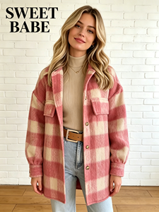 SWEET BABE Veste en polaire à carreaux pour femme, manches longues, col rabattu, tenue décontractée d'automne - Product Image 1
