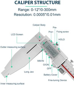 Calibrador de Acero Inoxidable de Alta Resistencia con Marco Metálico Completo de 12 Pulgadas, Herramienta de Medición Precisa con Pantalla LCD Grande - Product Image 6