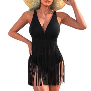 Solid Color Deep V Tassel One Piece Swimsuit With Adjustable Straps And Supportive Neck For <b>Women</b> Beach Wear - Product Image 5