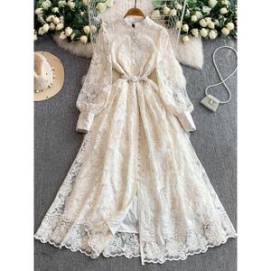 Abiti francesi mondani stile retrò pizzo ricamato abito <span class=keywords><strong>donna</strong></span> autunno perla con fibbia vita stringe Vestidos sottili - Product Image 2