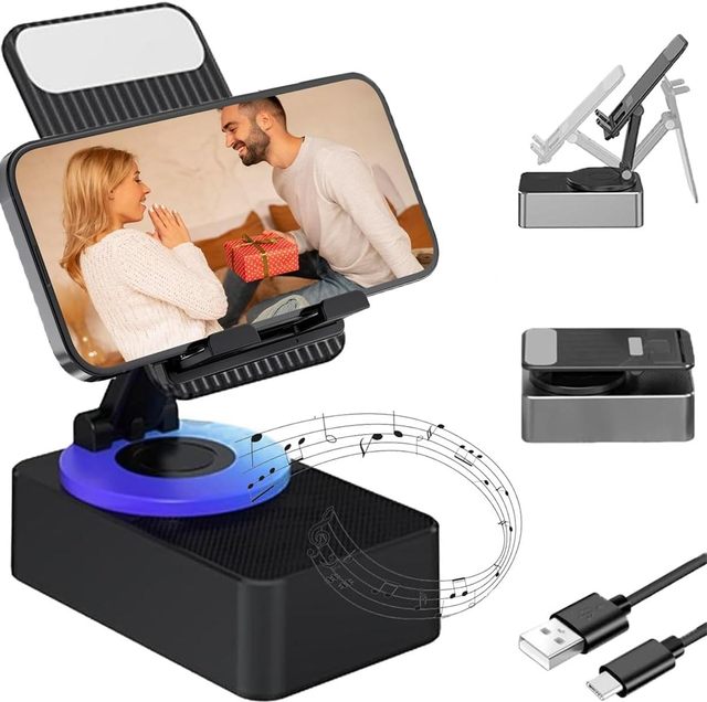 OEM Custom Black Foldable RGB LED Lighting Phone Holder Stand with Portable Speakers Gift for Men and Women at Home or Outdoors