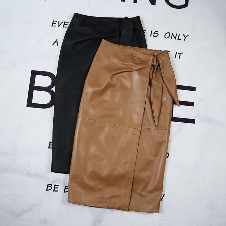 1920 Manufacturer Hot Sale Leather Skirt Autumn Winter Real Sheepskin Leather Patchwork Bow Wrap Hip High Waist Skirt for Women