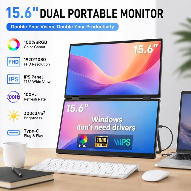 Dual Portable Monitor 15.6" Dual Stacked Foldable Full HD USB-C/ Dual Screen Monitor for Laptop Mac Windows Business Use