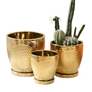 Gold ceramic garden pots & planters large 3pcs set outdoor indoor planter mold cheap wholesale