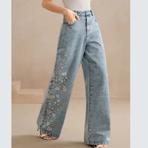 Pantalones Vaqueros de Verano para Mujer, Elegantes, con Diseño Floral Bordado, Corte Holgado, Transpirables, de Pierna Ancha, con Paneles de Mezclilla - Product Image 1