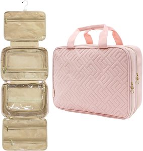 Женская розовая сумка для туалетных принадлежностей на заказ, вместительная сумка для туалетных принадлежностей с подвесным крючком, полноразмерный органайзер для косметики - Product Image 1