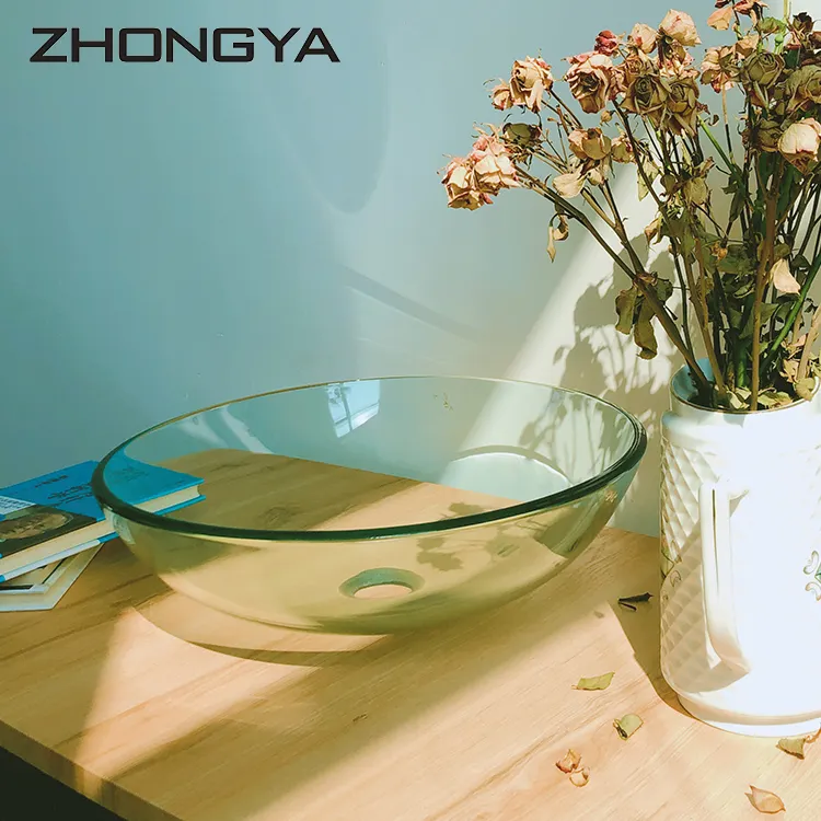 Zhongya Moderne Glas Vessel Sink Boven Counter Badkamer Vanity Ronde Glazen Wastafel