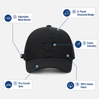 Gorra de Béisbol de Lujo Geométrica, Personalizada con Logotipo Bordado, de Sarga de Algodón Negra, Estructurada, de 6 Paneles, Ajustable, con Hebilla de Cobre Plateado